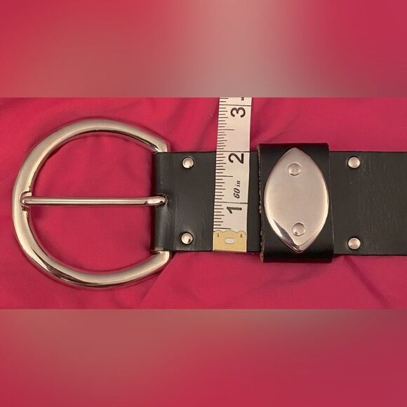 Vtg Pierre Cardin Large Silver Tone Buckle on 2” Black Leather Statement Belt - Picture 9 of 11